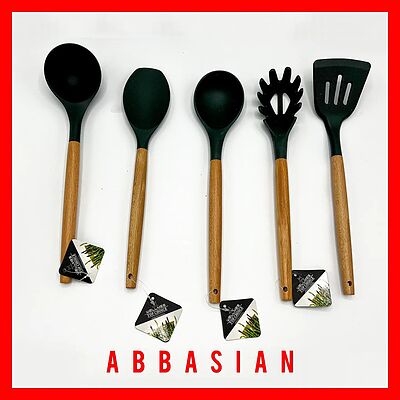 سرویس کفگیر ملاقه دسته چوبی سیلیکونی